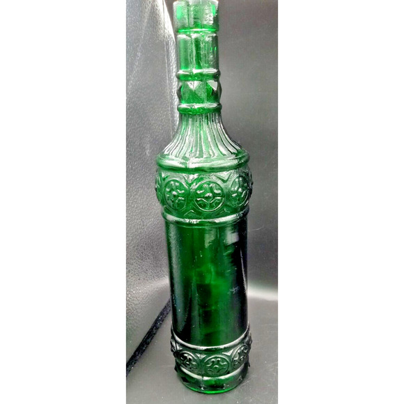 Very Pretty Emerald Green Glass Bottle With‎ Designs Around Sides 12" tall - Picture 4 of 5